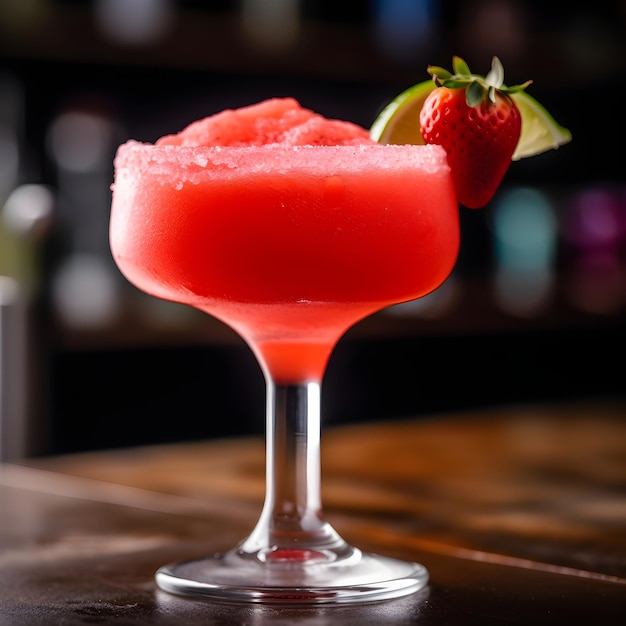 Gros plan d'une margarita aux fraises congelée garnie d'un bord de sel et d'une tranche de citron vert au restaurant Margarita avec glace pilée Cocktail rouge avec glace pilée fraise et citron vert AI générative