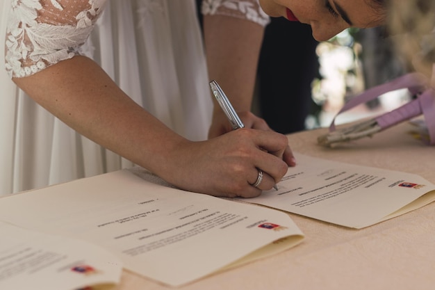 Gros plan des mariés signant leur acte de mariage