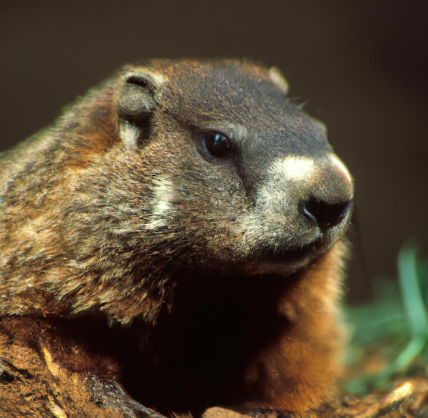 Gros plan sur une marmotte sauvage noire et brune en forêt