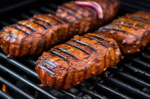 Gros plan des marques de grill sur les saucisses végétaliennes pour barbecue