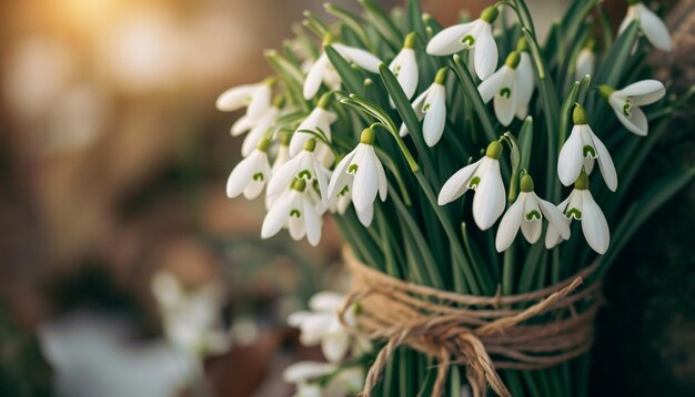 un gros plan d'un Martisor attaché autour d'un bouquet de grillons de neige