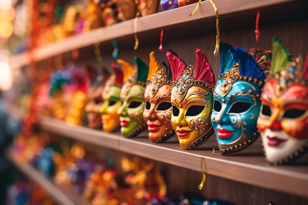 Gros plan de masques de carnaval sur une étagère, un large éventail de choix pour ceux qui recherchent le style et la tradition