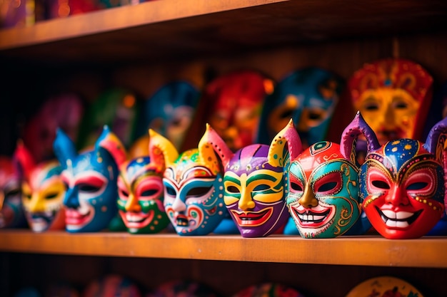 Gros plan de masques de carnaval sur une étagère, un large éventail de choix pour ceux qui recherchent le style et la tradition