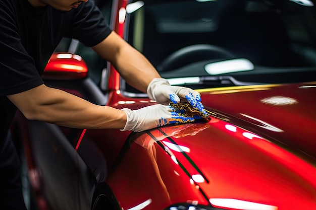 Gros plan d'un mécanicien de carrosserie automobile polissant une égratignure sur une voiture de sport