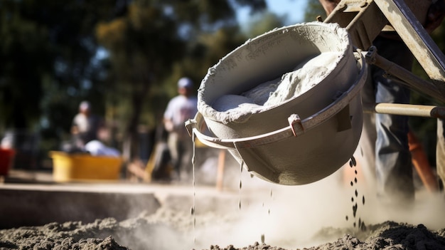 Un gros plan d'un mélangeur de ciment versant du béton dans une fondation