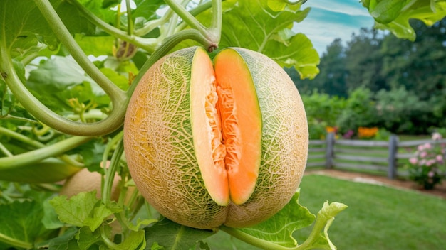 un gros plan d'un melon de cantaloupe fraîchement cueilli