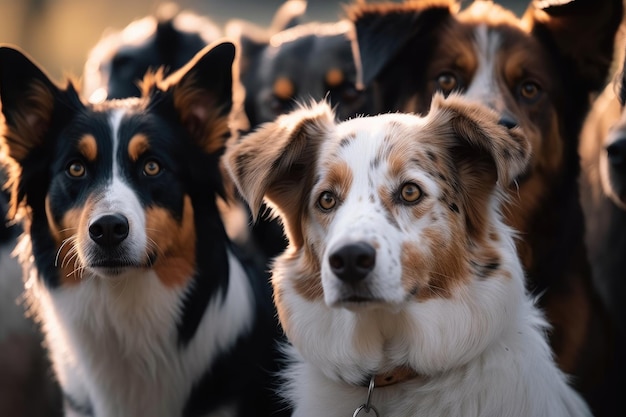 Gros plan d'une meute de chiens aux yeux brillants et attentifs créés avec une IA générative