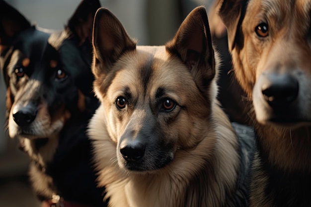 Photo gros plan d'une meute de chiens aux yeux brillants et attentifs créés avec une ia générative