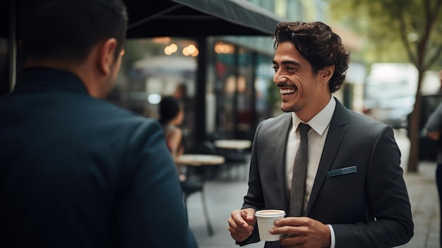 Gros plan sur des Mexicains masculins portant un costume beau et souriant parlant avec un ami tenant une tasse de café