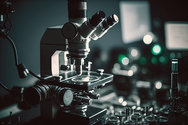 Gros plan d'un microscope et d'instruments scientifiques un microscope dans un laboratoire