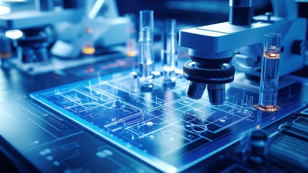 Gros plan d'un microscope avec lentille métallique au microscope de laboratoire sur la table