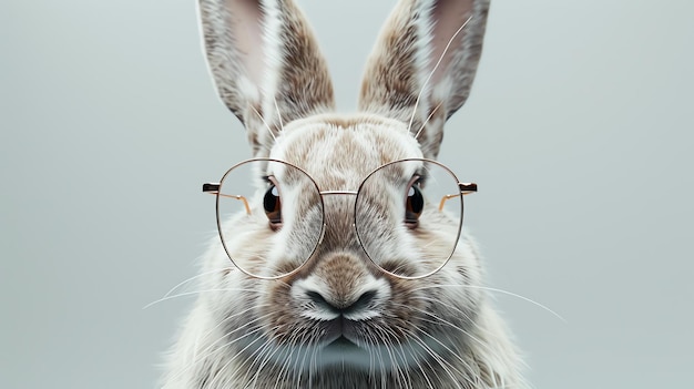 Un gros plan d'un mignon et moelleux lapin blanc portant des lunettes rondes élégantes Le lapin regarde directement à la caméra avec une expression curieuse