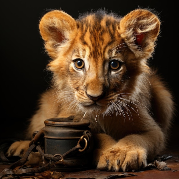 Gros plan d'un mignon petit tigre allongé sur une table avec une bouteille de boisson