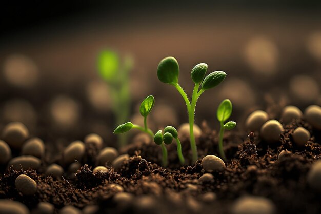 Gros plan de minuscules semis verts qui poussent dans le sol