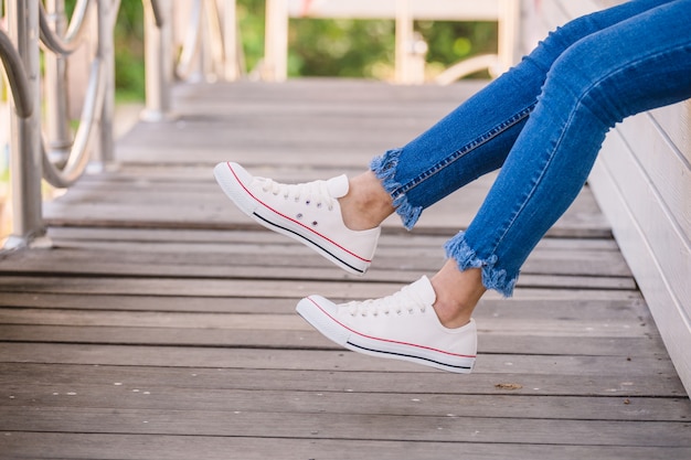 Gros plan, modèle, blanc, baskets