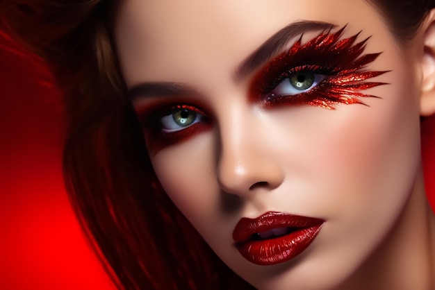 Gros plan sur un modèle féminin avec un maquillage des yeux rouge vif