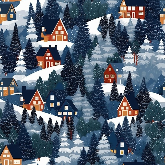 un gros plan d'un modèle de maisons et d'arbres dans la neige ai générative