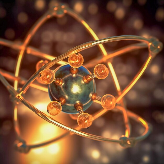 Gros plan d'un modèle surréaliste d'atome généré par l'IA