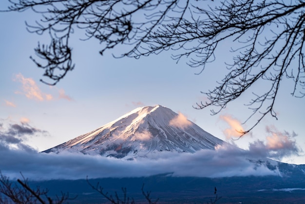 Gros plan sur le mont fuji du côté du lac kawaguchi, vue sur le mont Fuji depuis le lac