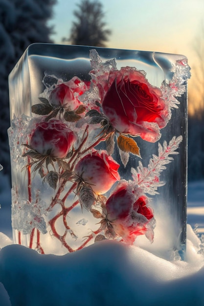 Gros plan d'un morceau de glace avec des fleurs dedans générative ai