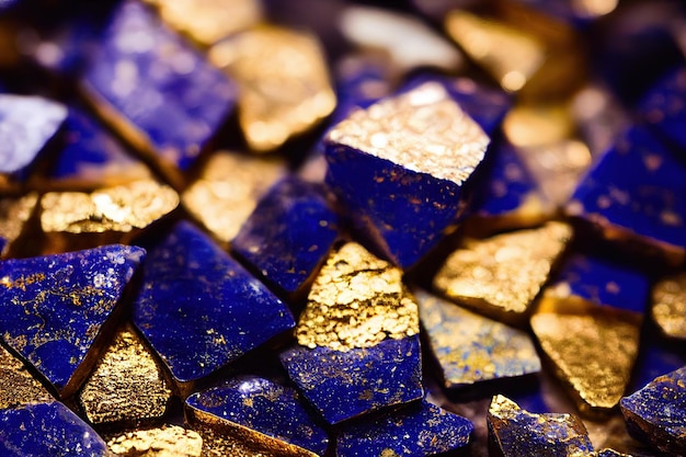 Gros plan de morceaux de pierres semi-précieuses lazurite de couleur bleu profond avec des touches d'or