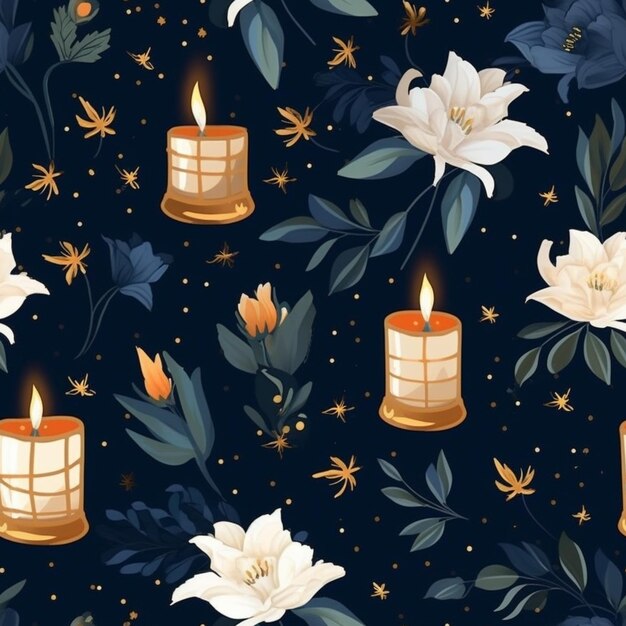 un gros plan d'un motif de bougies et de fleurs générative ai