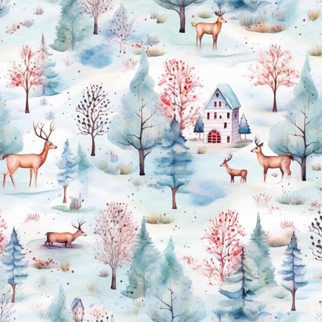 un gros plan d'un motif d'un cerf et d'une maison dans la neige ai génératif