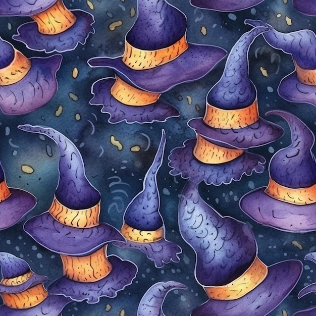 Un gros plan d'un motif de chapeaux de sorcières violets et orange