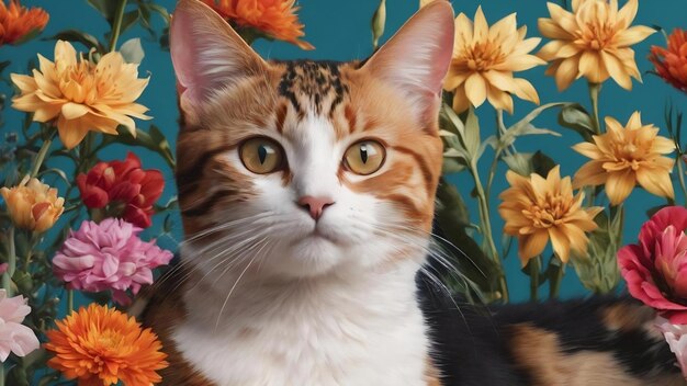 Un gros plan d'un motif de chats et de fleurs génératif ai