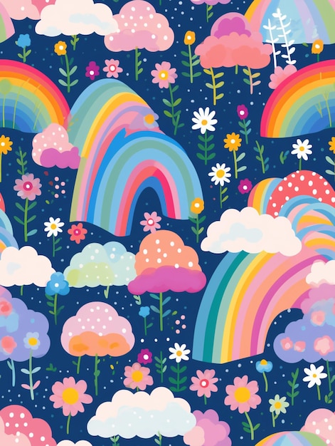un gros plan d'un motif coloré d'arc-en-ciel et de nuages sur un fond bleu ai générative