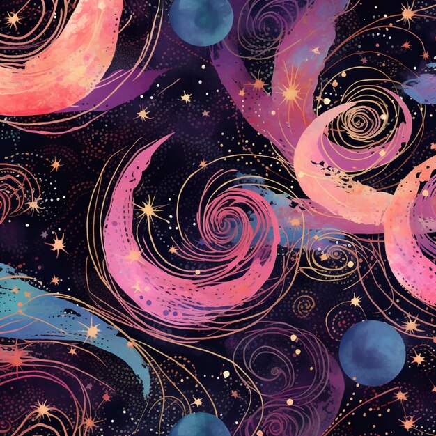 un gros plan d'un motif coloré avec des tourbillons et des étoiles générative ai
