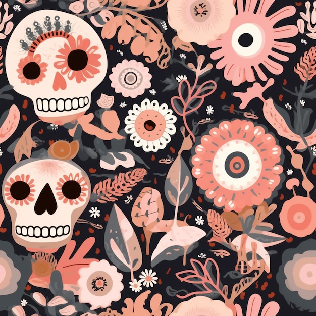 Un gros plan d'un motif de crânes et de fleurs sur un fond noir