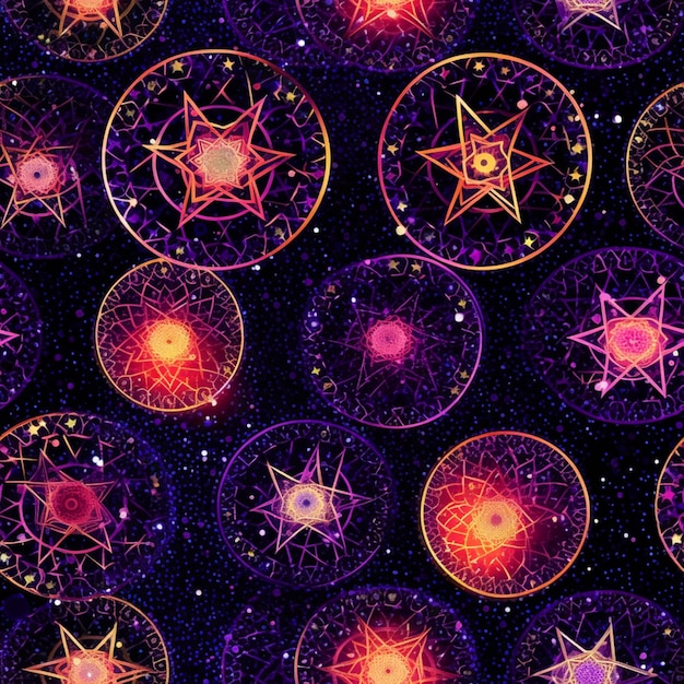 Un gros plan d'un motif d'étoiles et de cercles ai génératif