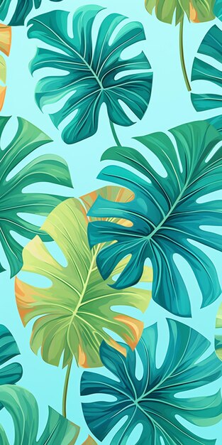 Photo un gros plan d'un motif de feuilles tropicales sur un fond bleu