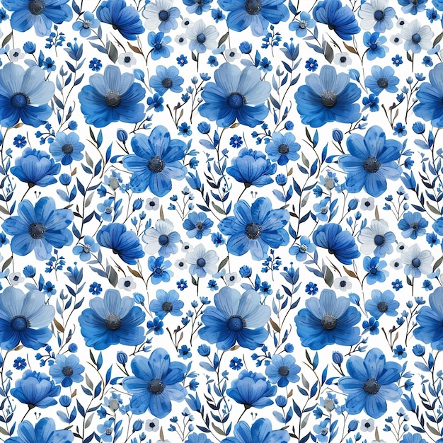 un gros plan d'un motif de fleur avec des fleurs bleues