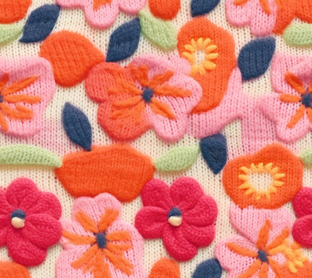 Photo un gros plan d'un motif de fleur tricoté avec des feuilles et des fleurs génératives ai