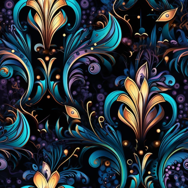 Un gros plan d'un motif de fleurs bleues et or générative ai