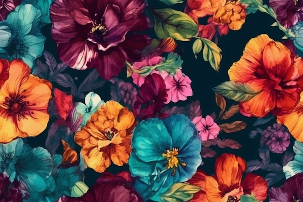 Un gros plan d'un motif de fleurs colorées sur fond noir ai générative