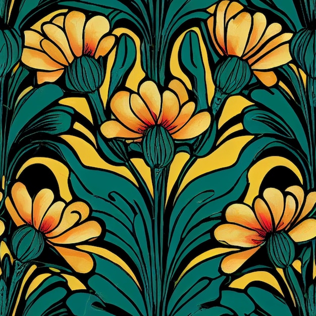 Photo un gros plan d'un motif de fleurs jaunes sur un fond vert