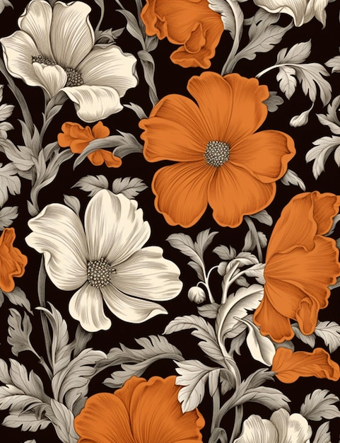 Un gros plan d'un motif de fleurs orange et blanches générative ai