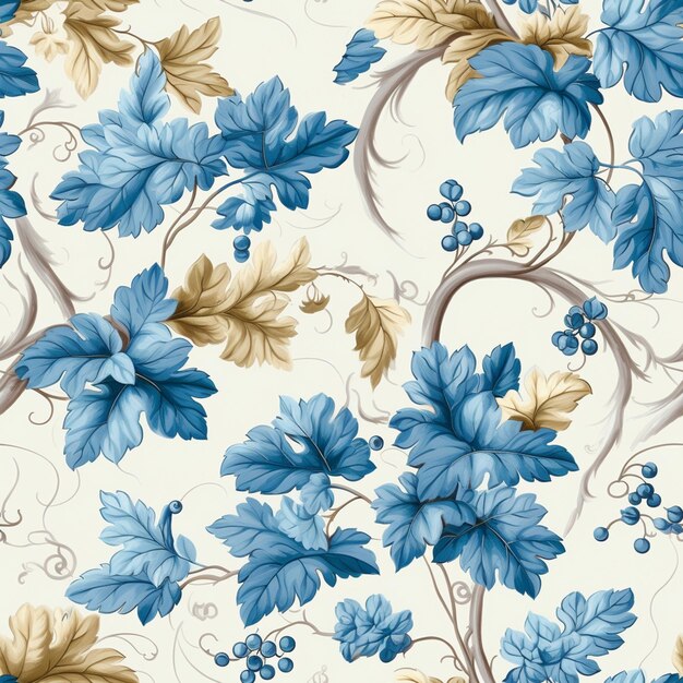 un gros plan d'un motif floral bleu et blanc avec des feuilles génératives ai