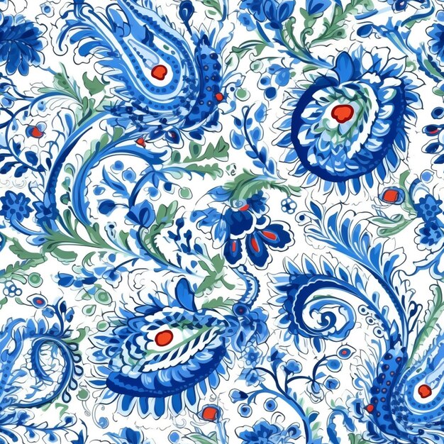 un gros plan d'un motif floral bleu et blanc sur fond blanc ai générative