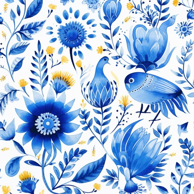 un gros plan d'un motif floral bleu et blanc avec des oiseaux ai génératif