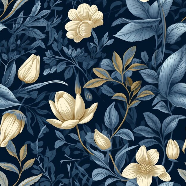 Photo un gros plan d'un motif floral bleu et jaune avec des feuilles ai générative