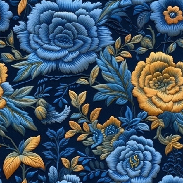 un gros plan d'un motif floral bleu et jaune sur fond noir ai générative