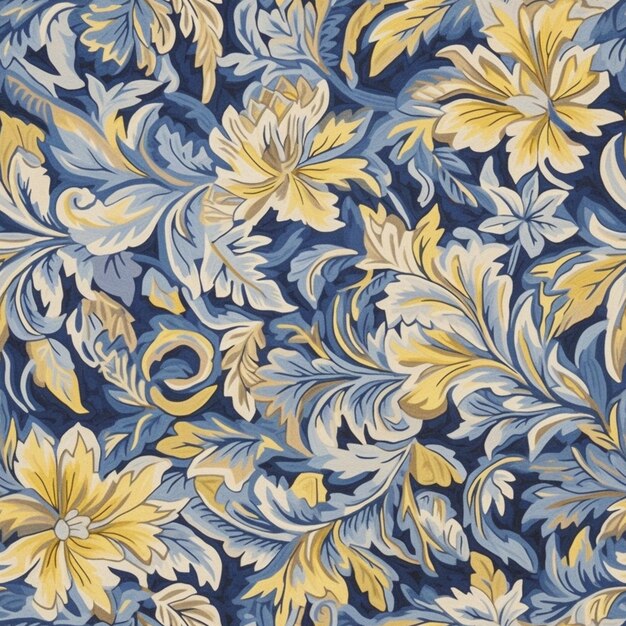 Photo un gros plan d'un motif floral bleu et jaune sur un mur génératif ai