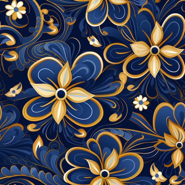 un gros plan d'un motif floral bleu et jaune avec des tourbillons ai génératif