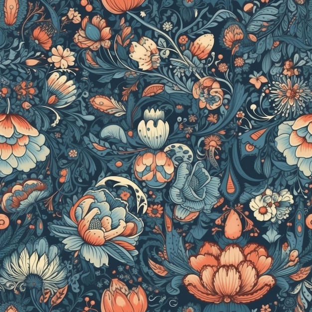 Un gros plan d'un motif floral bleu et orange générative ai