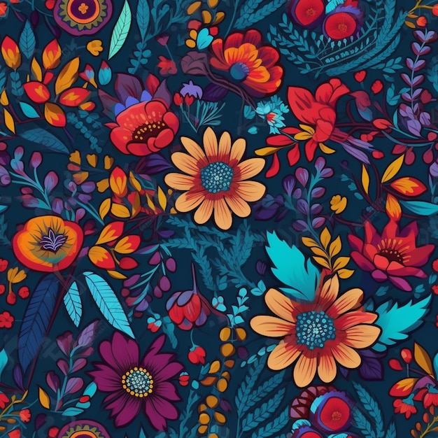 un gros plan d'un motif floral coloré sur un fond sombre ai génératif