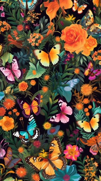 un gros plan d'un motif floral coloré avec des papillons ai génératif